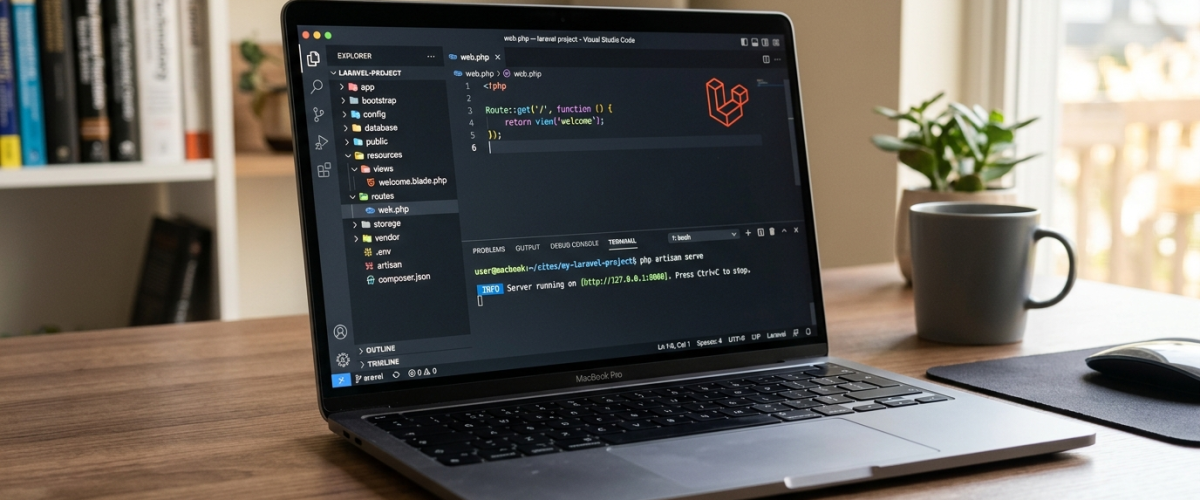 Laptop displaying VS Code with a Laravel project open in the terminal, on a desk with books and a coffee mug