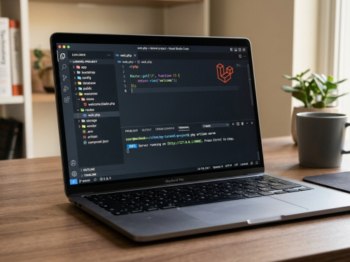 Laptop displaying VS Code with a Laravel project open in the terminal, on a desk with books and a coffee mug