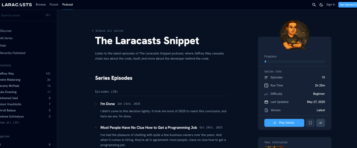 Laracasts Podcast episode list, a top Laravel podcast for PHP developers